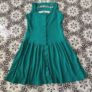 Vintage Teal Blue and Black Polka Dot Dress
